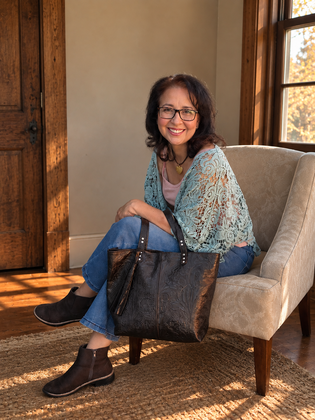 The Open Top Traveler Tote - Dark Brown Embossed Floral
