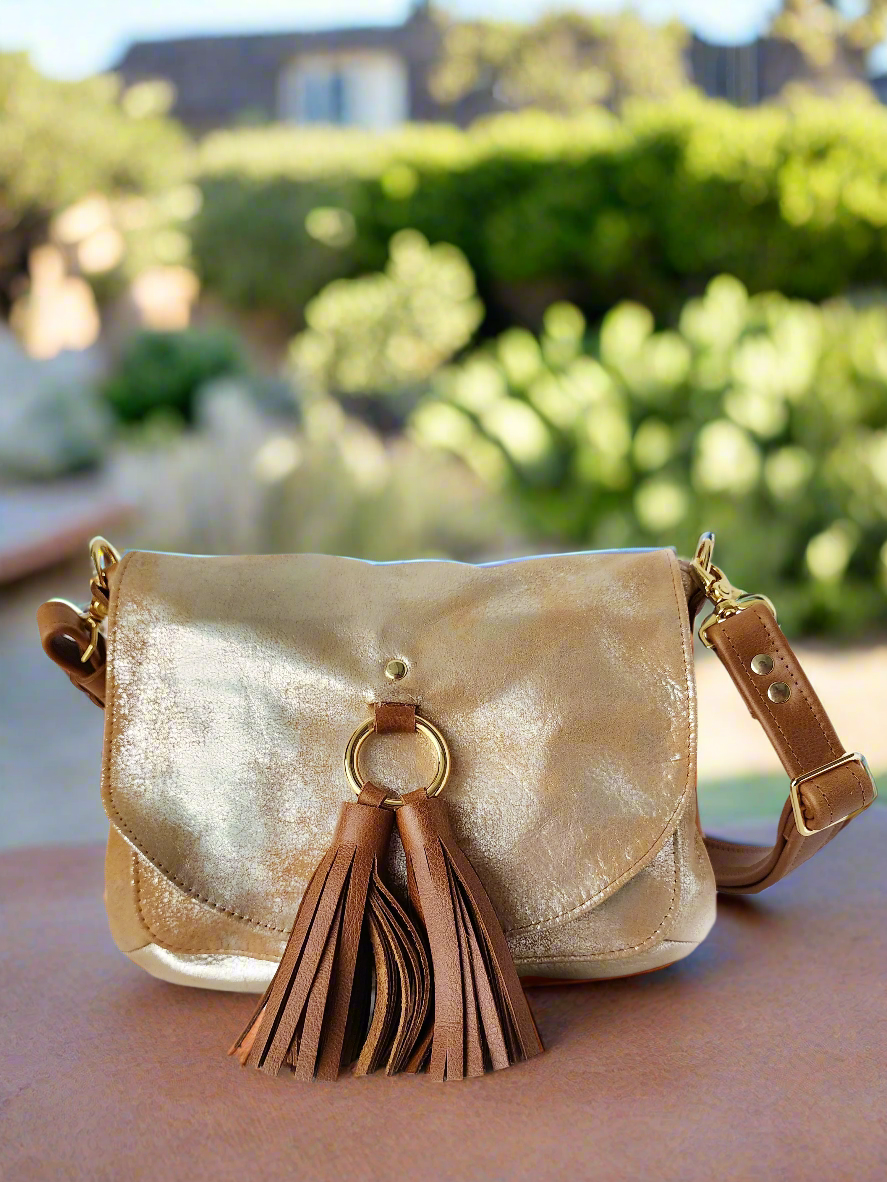 Kindness Saddle Bag ~ Distressed Metallic Gold & Tan