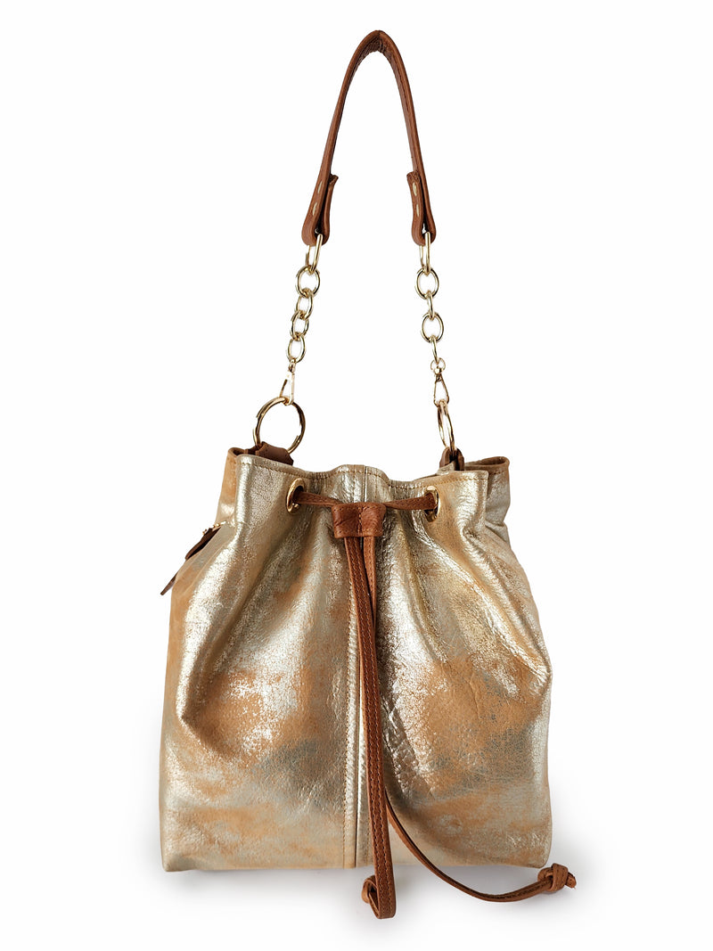 "Lisa" Large Love Bucket Bag - Distressed Metallic Gold & Tan