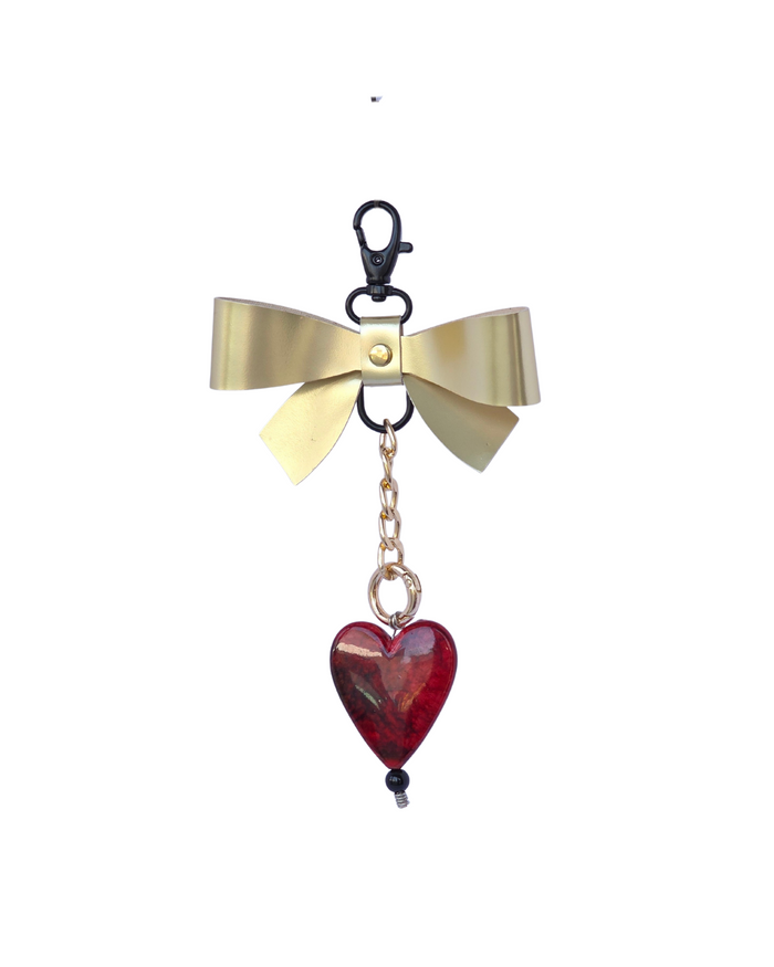 Gold Bow & Red Heart Bag Charm