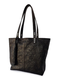 The Open Top Traveler Tote - Dark Brown Embossed Floral