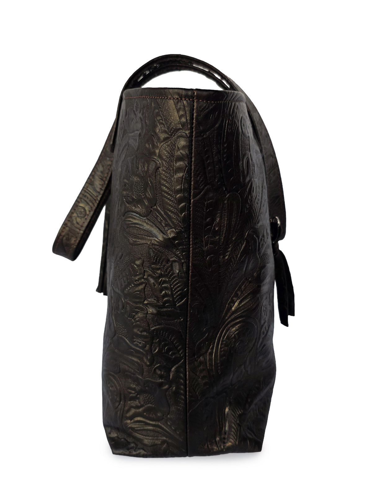 The Open Top Traveler Tote - Dark Brown Embossed Floral