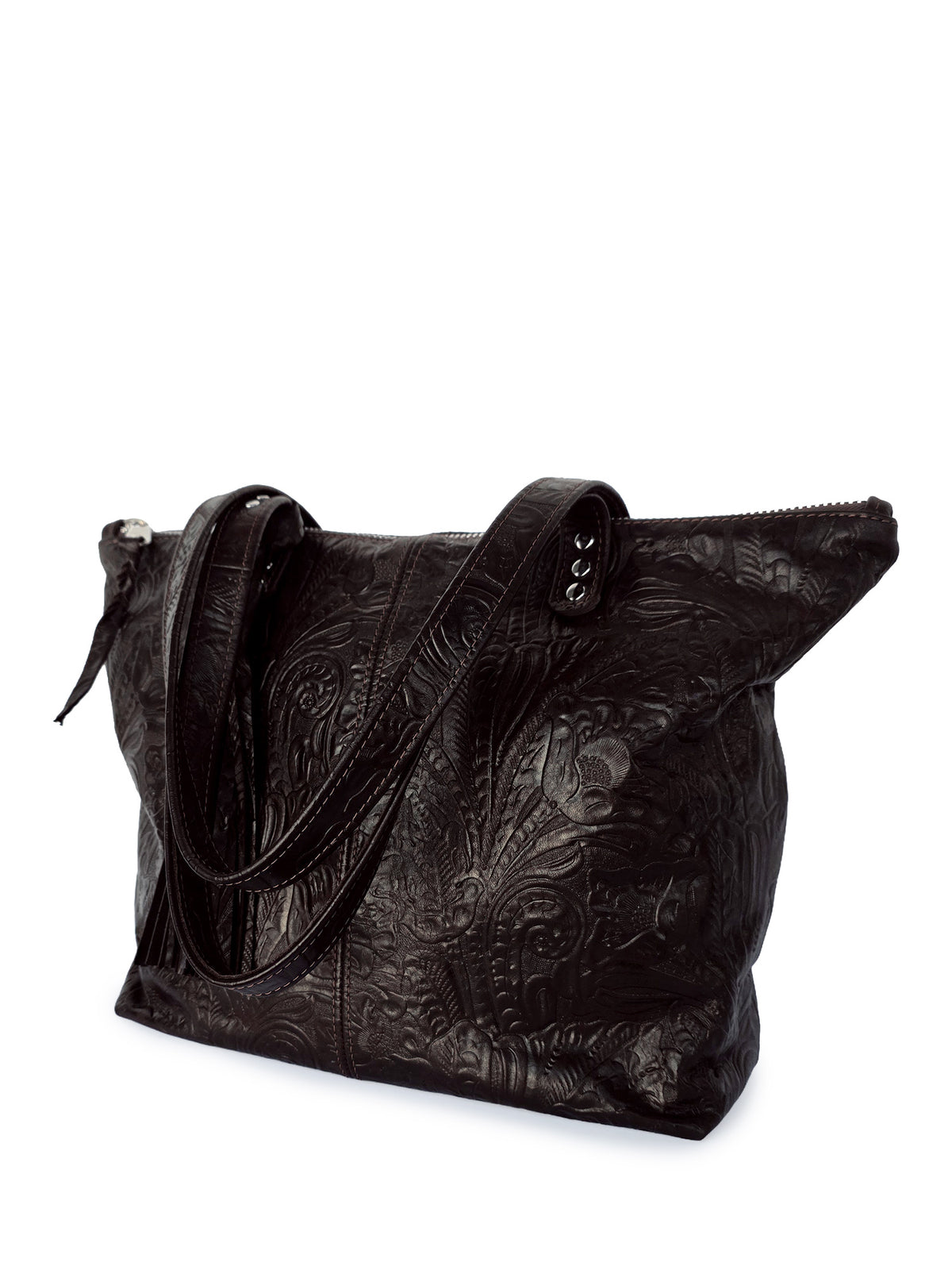 Traveler Tote - Dark Brown Embossed Floral